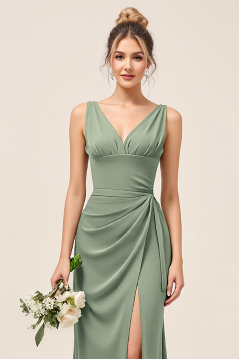 Load image into Gallery viewer, Satin Eucalyptus Sheath Ruched Long Bridesmaid Dress with Slit