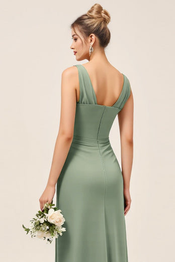 Satin Eucalyptus Sheath Ruched Long Bridesmaid Dress with Slit