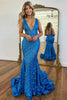 Load image into Gallery viewer, Sparkly Blue Mermaid Deep V Neck Sequin Long Prom Dress