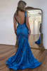 Load image into Gallery viewer, Sparkly Blue Mermaid Deep V Neck Sequin Long Prom Dress