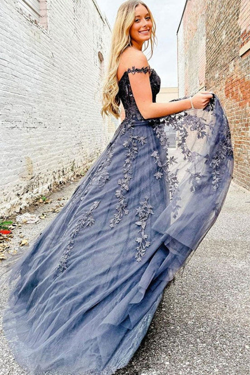 Load image into Gallery viewer, Charcoal Off the Shoulder Prom Dress with Appliques