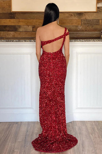 Sheath One Shoulder Fuchsia Sequins Long Prom Dress