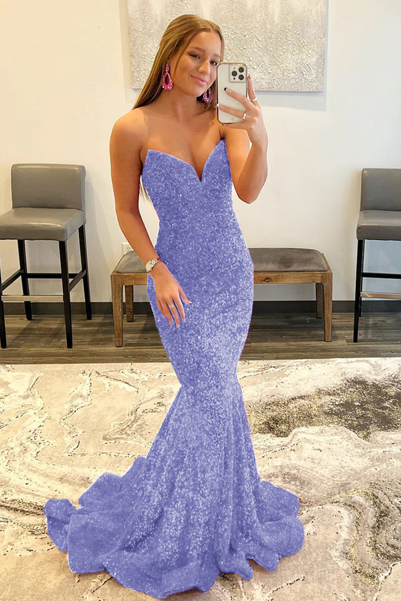 Load image into Gallery viewer, Sparkly Navy Sequins Mermaid Sweetheart Long Prom Dress