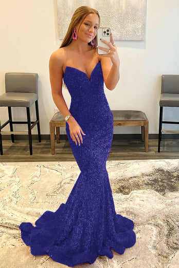 Sparkly Navy Sequins Mermaid Sweetheart Long Prom Dress