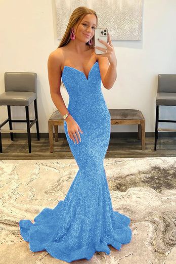 Sparkly Navy Sequins Mermaid Sweetheart Long Prom Dress