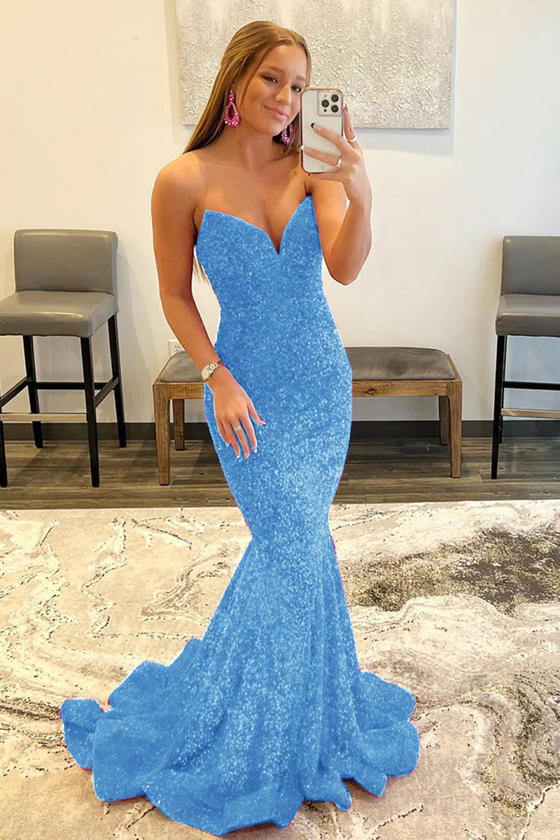 Load image into Gallery viewer, Sparkly Navy Sequins Mermaid Sweetheart Long Prom Dress