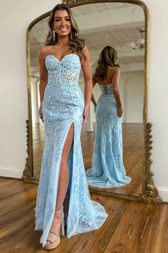 Light Blue Mermaid Sweetheart Appliqued Long Prom Dress with Slit