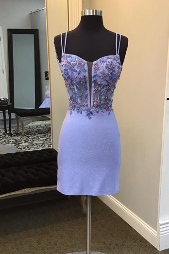 Sparkly Purple Spaghetti Straps Corset Homecoming Dress with Beading