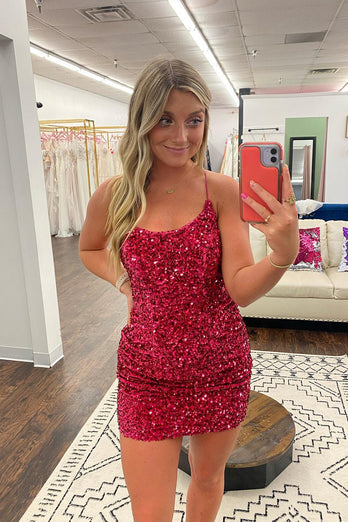 Sparkly Fuchsia Spaghetti Straps Sequined Tight Homecoming Dress