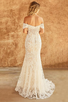 Boho White Lace Off the Shoulder Mermaid Sweep Train Wedding Dress