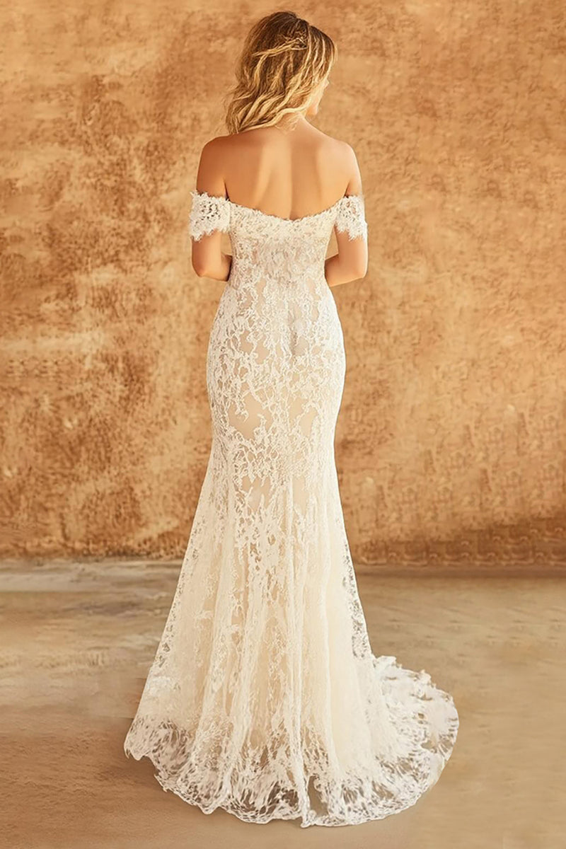 Load image into Gallery viewer, Boho White Lace Off the Shoulder Mermaid Sweep Train Wedding Dress