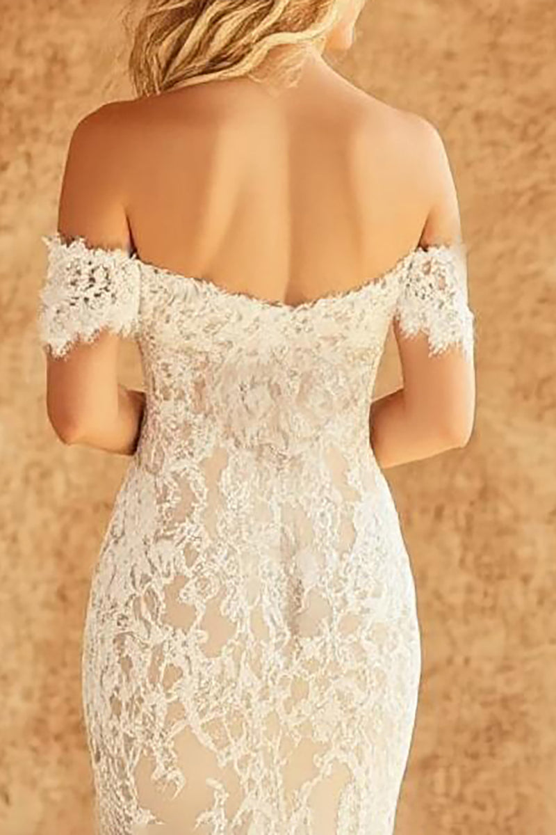 Load image into Gallery viewer, Boho White Lace Off the Shoulder Mermaid Sweep Train Wedding Dress