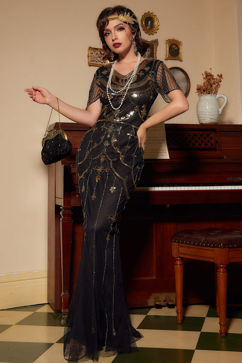 Load image into Gallery viewer, Black Blush Sequins Long 1920s Dress