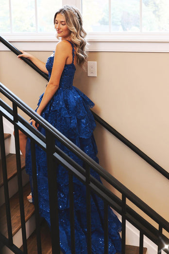 Glitter Royal Blue A Line Long Tiered Appliqued Prom Dress With Slit