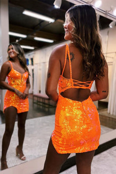 Sparkly Spaghetti Straps Orange Tight Homecoming Dress with Sequins