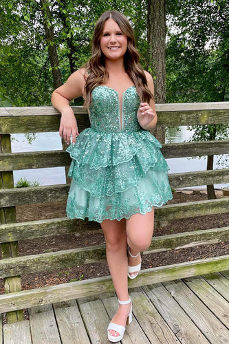 Sparkly Green A-Line Spaghetti Straps Tiered Tull Homecoming Dress