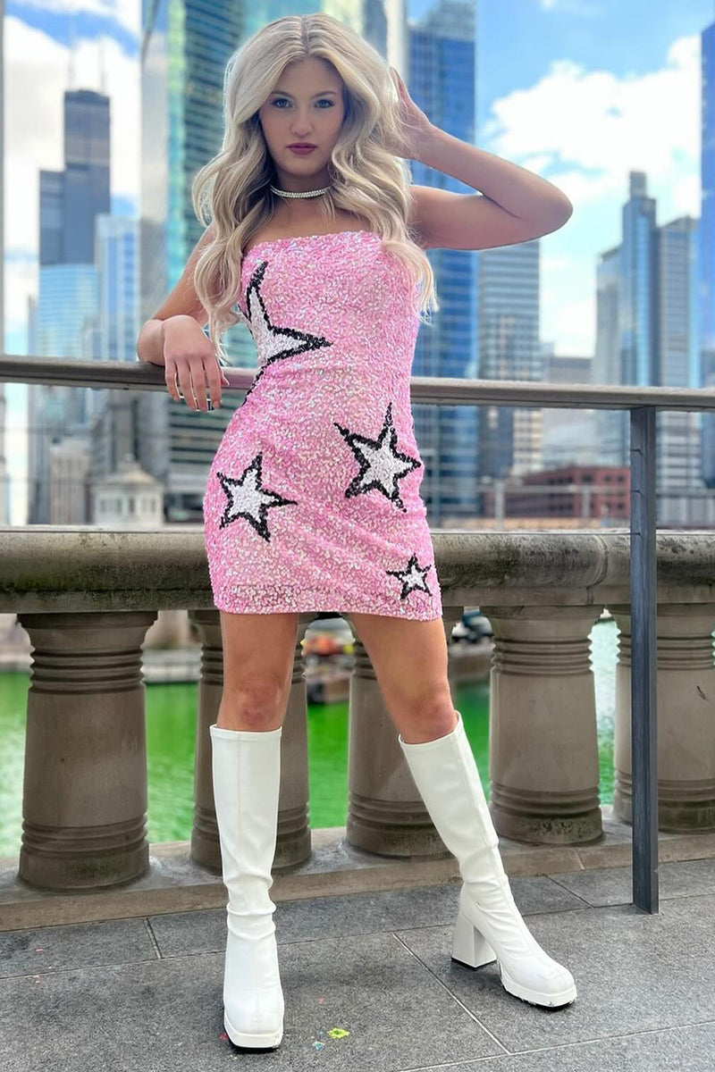 Load image into Gallery viewer, Pink Bodycon Sequined Homecoming Dress with Stars