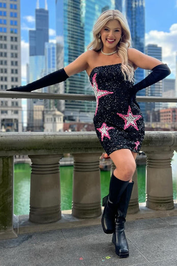 Pink Bodycon Sequined Homecoming Dress with Stars