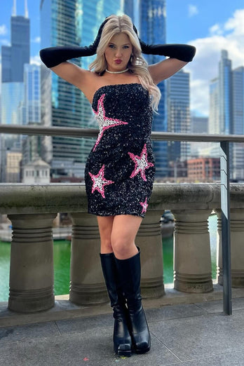 Pink Bodycon Sequined Homecoming Dress with Stars
