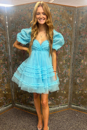 A-Line Blue Ruffled Tull Homecoming Dress with Puff Sleeves
