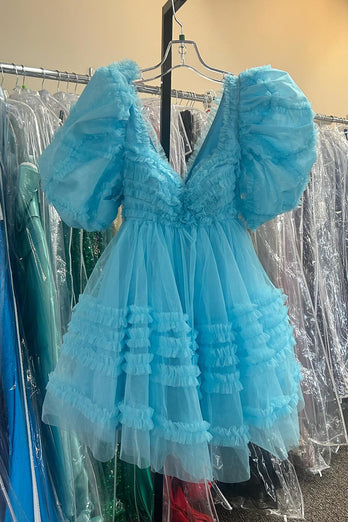 A-Line Blue Ruffled Tull Homecoming Dress with Puff Sleeves