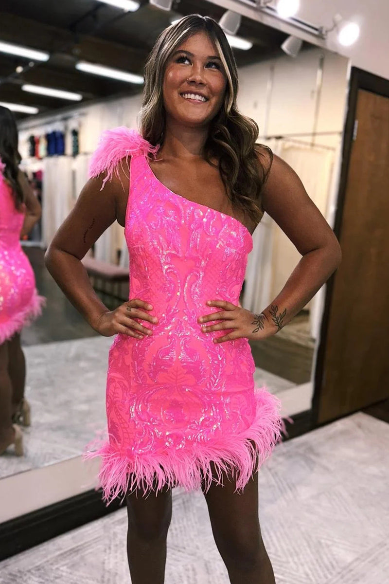 Load image into Gallery viewer, One Shoulder Pink Bodycon Sequined Homecoming Dress with Feather