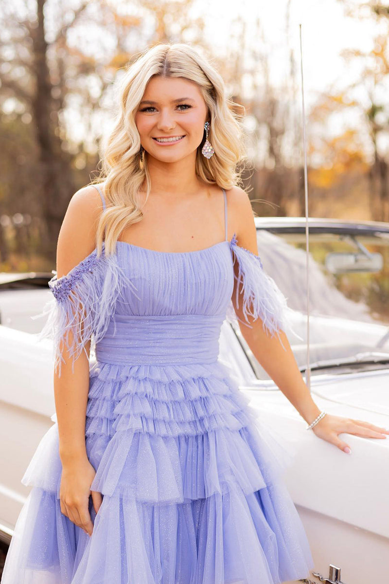 Load image into Gallery viewer, Blue A-Line Spaghetti Straps Tiered Tull Homecoming Dress