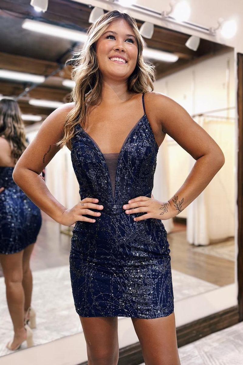 Load image into Gallery viewer, Sparkly Spagehetti Straps Navy Bodycon Homecoming Dress with Sequins
