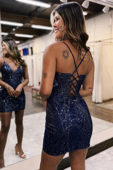 Sparkly Spagehetti Straps Navy Bodycon Homecoming Dress with Sequins