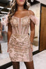 Load image into Gallery viewer, Rose Gold Spagehetti Straps Corset Homecoming Dress with Beading and Feather