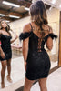 Load image into Gallery viewer, Rose Gold Spagehetti Straps Corset Homecoming Dress with Beading and Feather