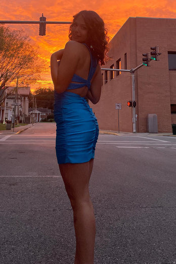 Blue Scoop Neck Bodycon Ruched Homecoming Dress