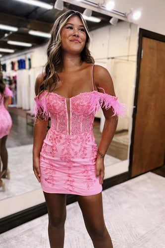 Pink Spagehetti Straps Bodycon Corset Homecoming Dress with Appliques