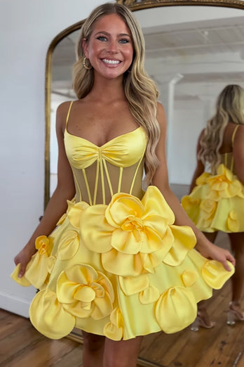 Yellow A-Line Spaghetti Straps Corset Homecoming Dress with 3D Flowers