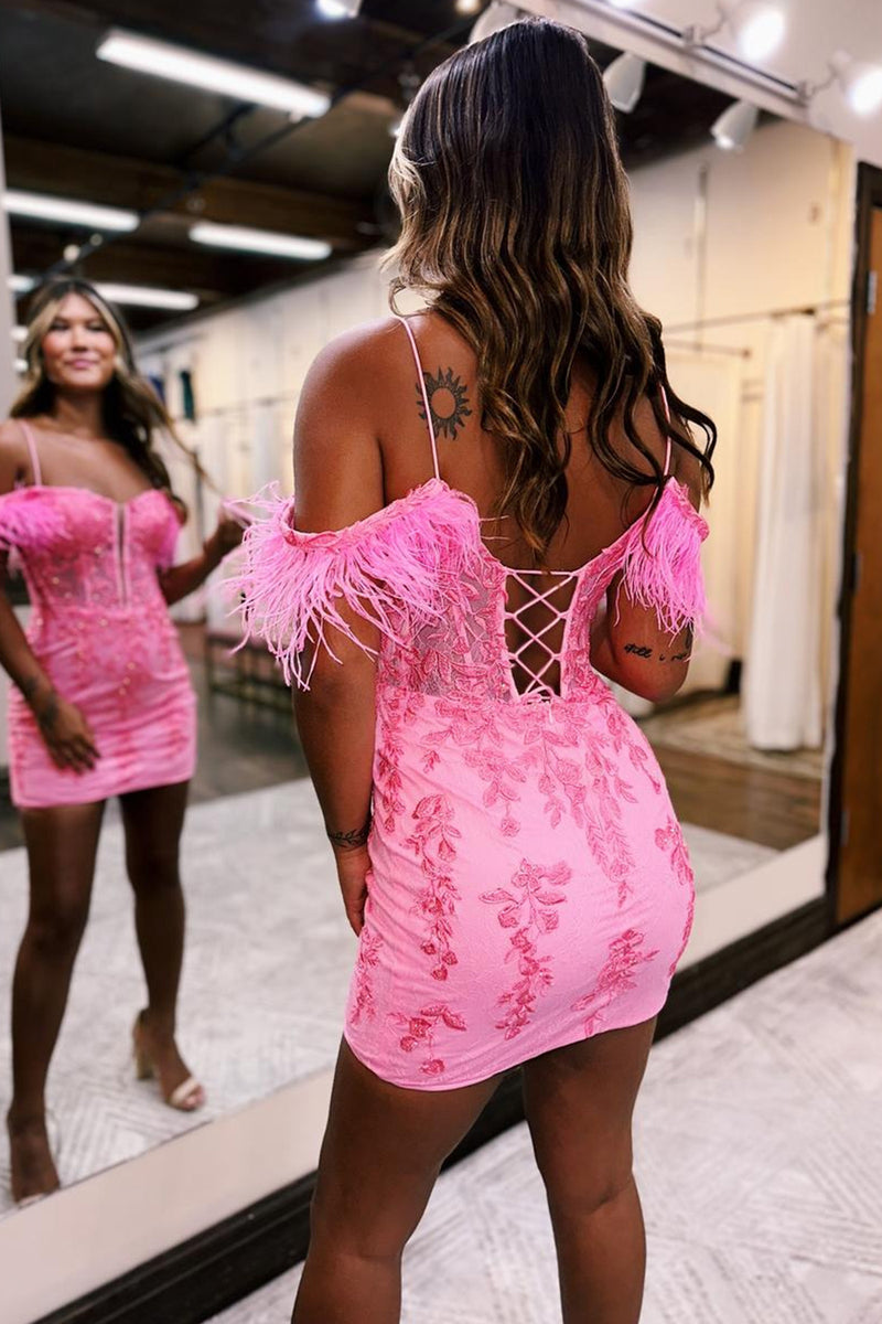 Load image into Gallery viewer, Pink Spagehetti Straps Bodycon Corset Homecoming Dress with Appliques