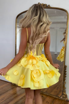 Yellow A-Line Spaghetti Straps Corset Homecoming Dress with 3D Flowers
