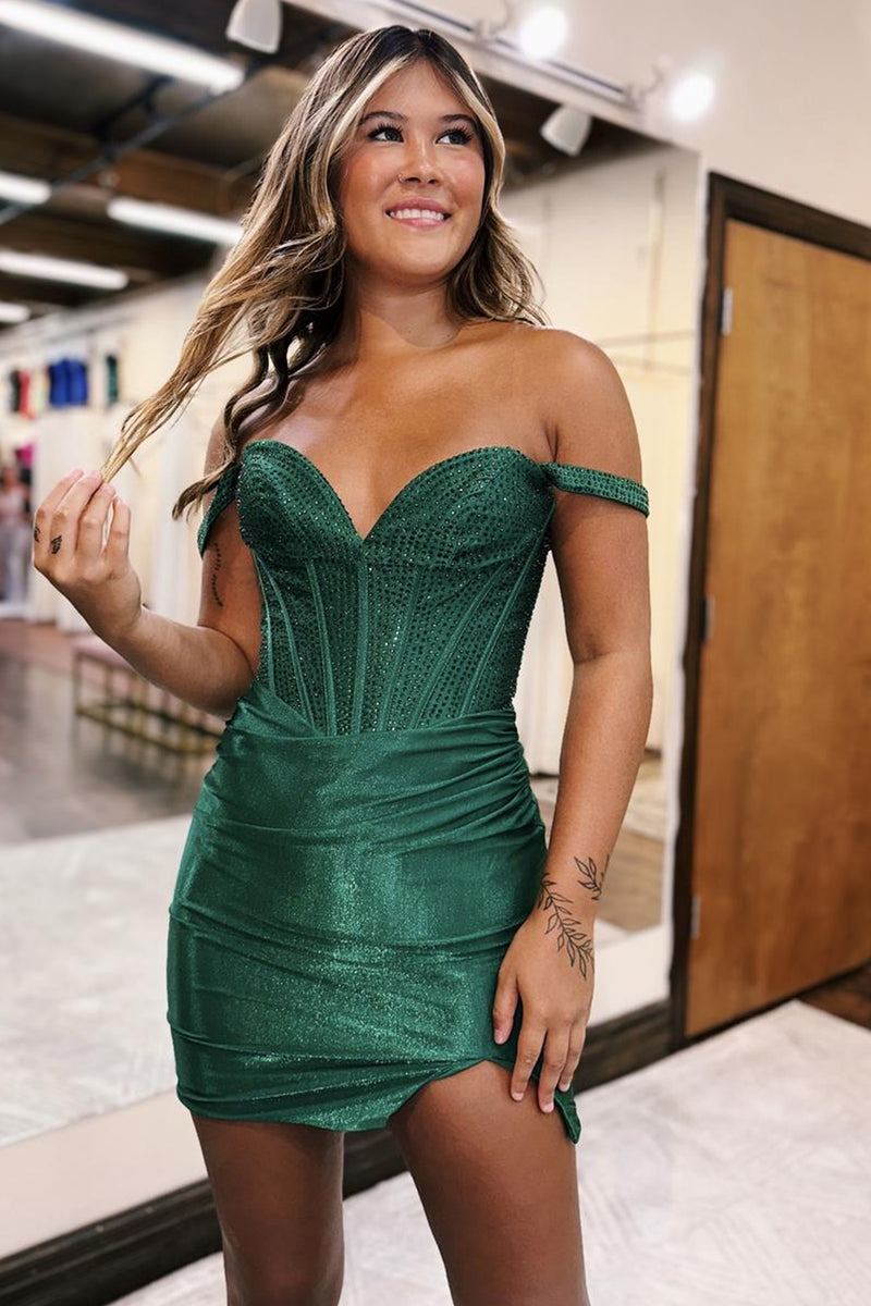 Load image into Gallery viewer, Sparkly Dark Green Off The Shoulder Corset Homecoming Dress with Beading