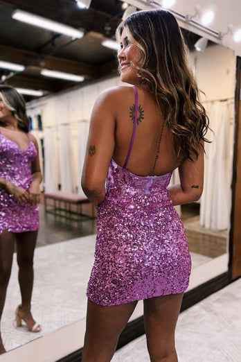 Glitter Lilac Spaghetti Straps Corset Sequined Homecoming Dress with Appliques