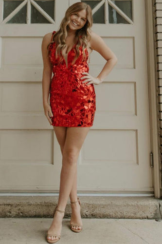 Red V-Neck Bodycon Mirror Homecoming Dress