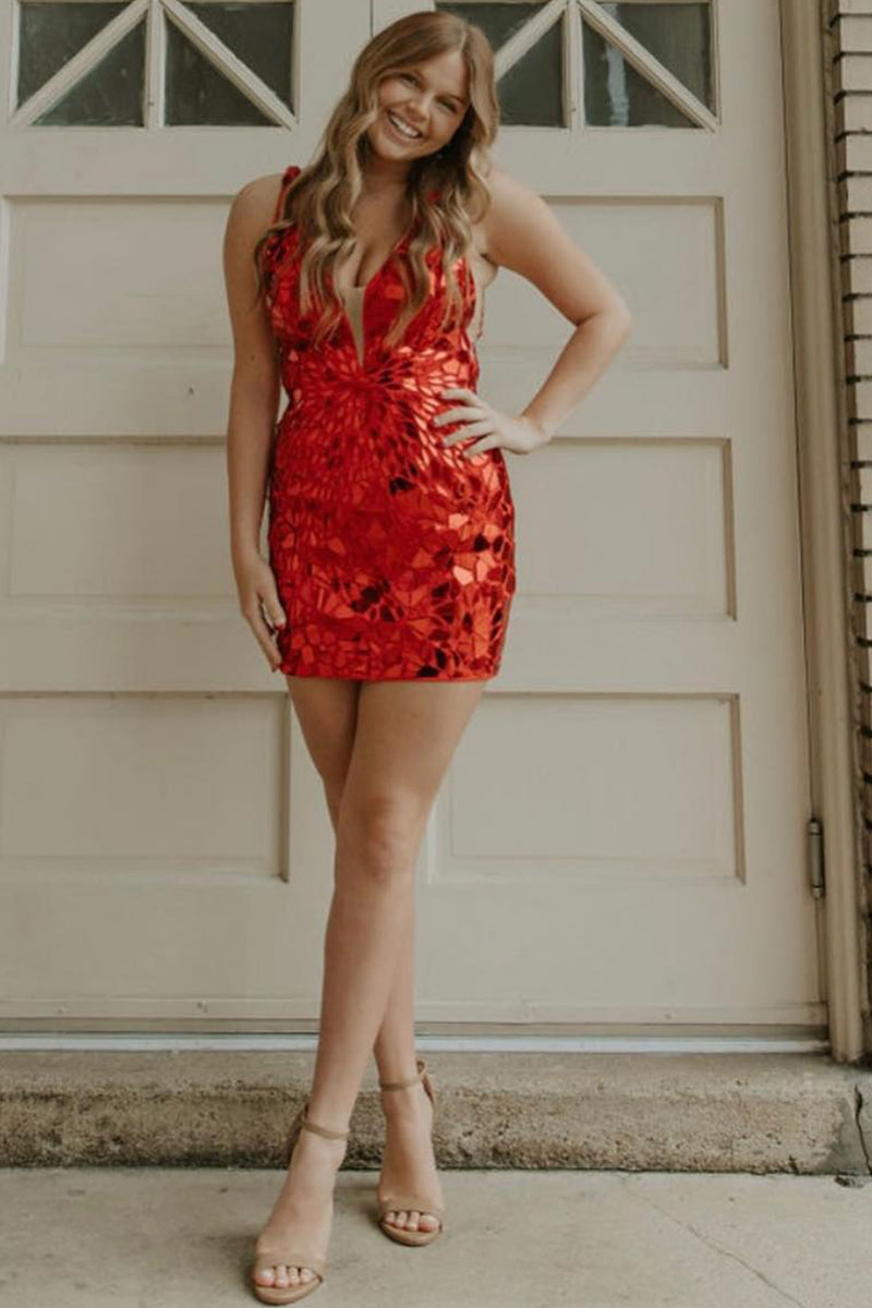 Load image into Gallery viewer, Red V-Neck Bodycon Mirror Homecoming Dress