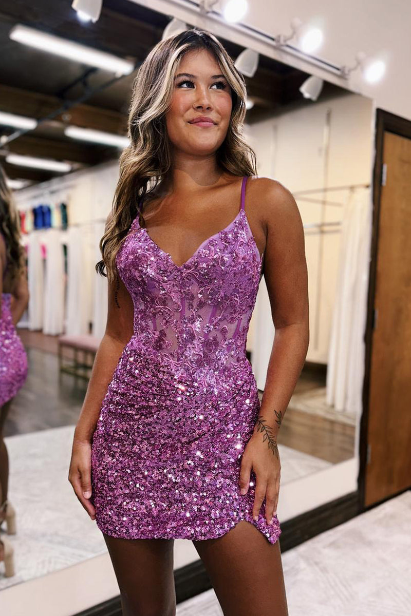 Load image into Gallery viewer, Glitter Lilac Spaghetti Straps Corset Sequined Homecoming Dress with Appliques
