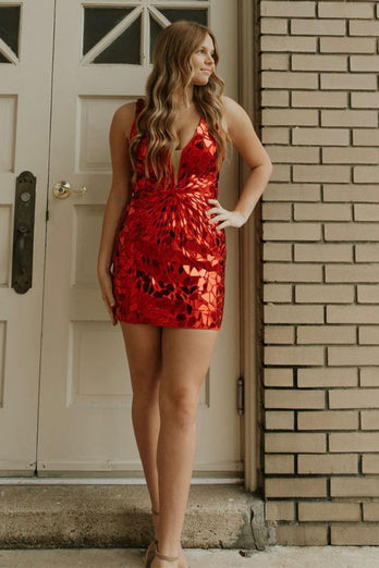 Red V-Neck Bodycon Mirror Homecoming Dress