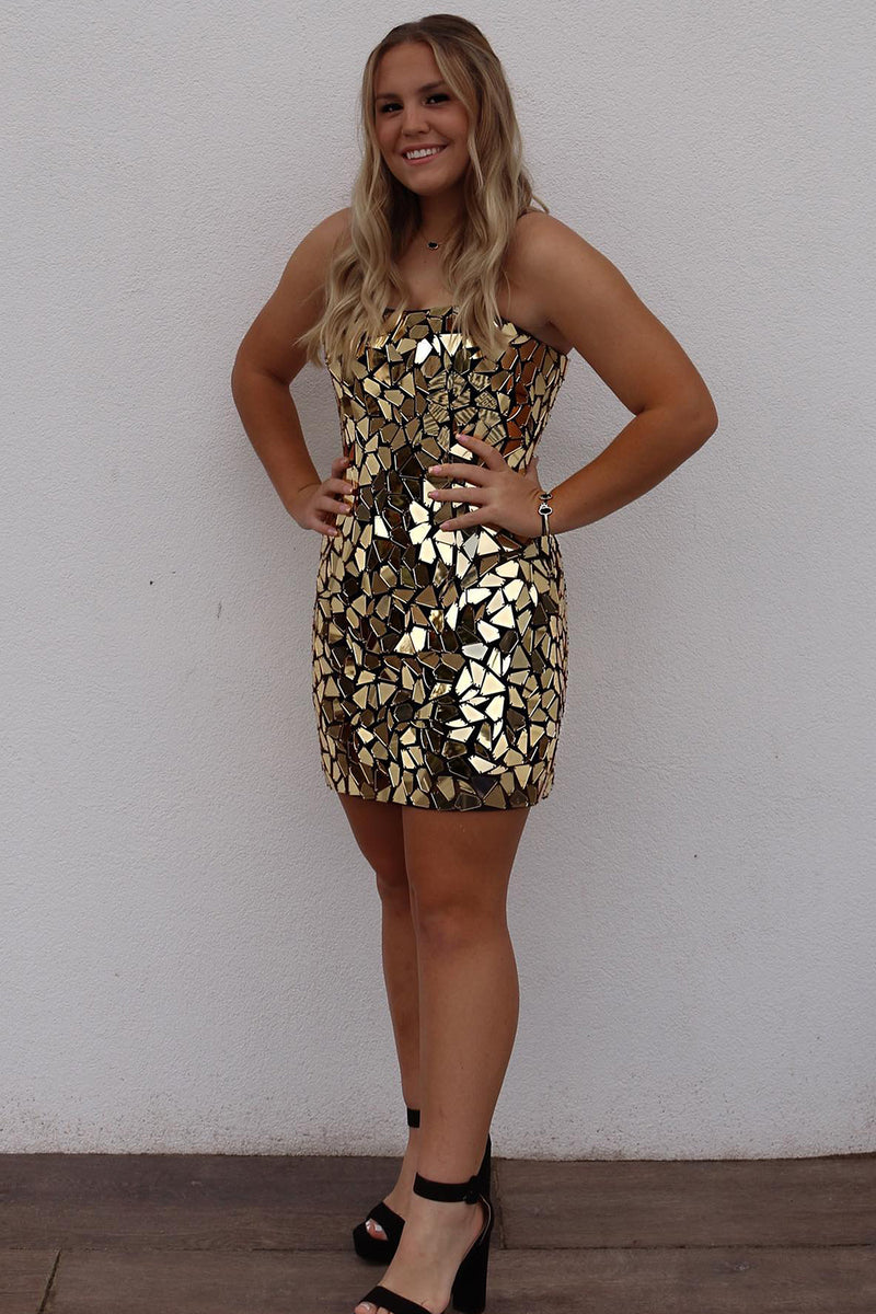 Load image into Gallery viewer, Gold Spaghetti Straps Bodycon Mirror Homecoming Dress