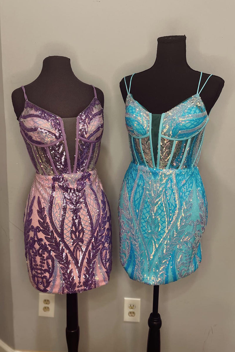 Load image into Gallery viewer, Sparkly Blue Spaghetti Straps Bodycon Corset Homecoming Dress with Sequins