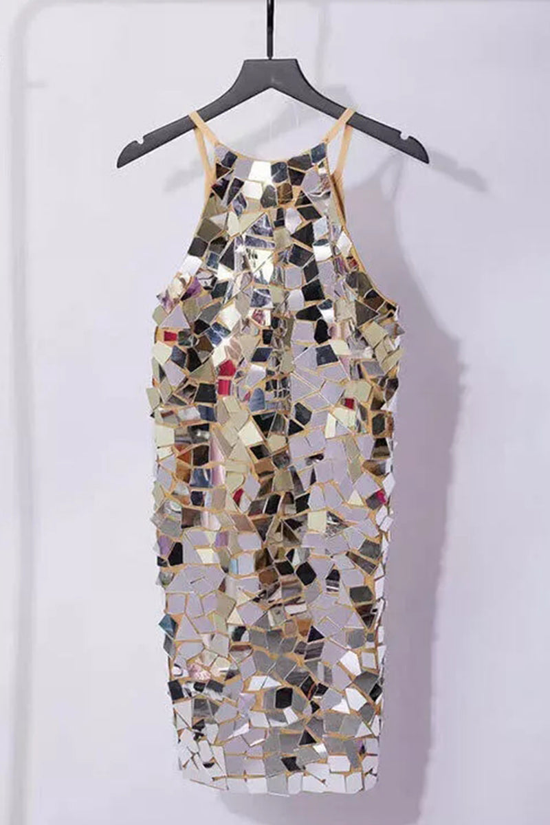 Load image into Gallery viewer, Sparkly Golden Spagehetti Straps Tight Mirror Homecoming Dress