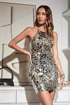 Sparkly Golden Spagehetti Straps Tight Mirror Homecoming Dress