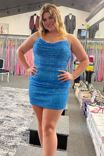 Sparkly Blue Spaghetti Straps Bodycon Hoemcoming Dress