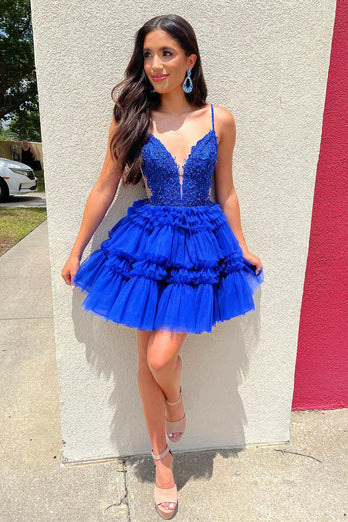 A-Line Royal Blue Spaghetti Straps Short Homecoming Dress with Ruffles