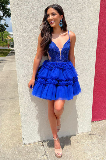 A-Line Royal Blue Spaghetti Straps Short Homecoming Dress with Ruffles