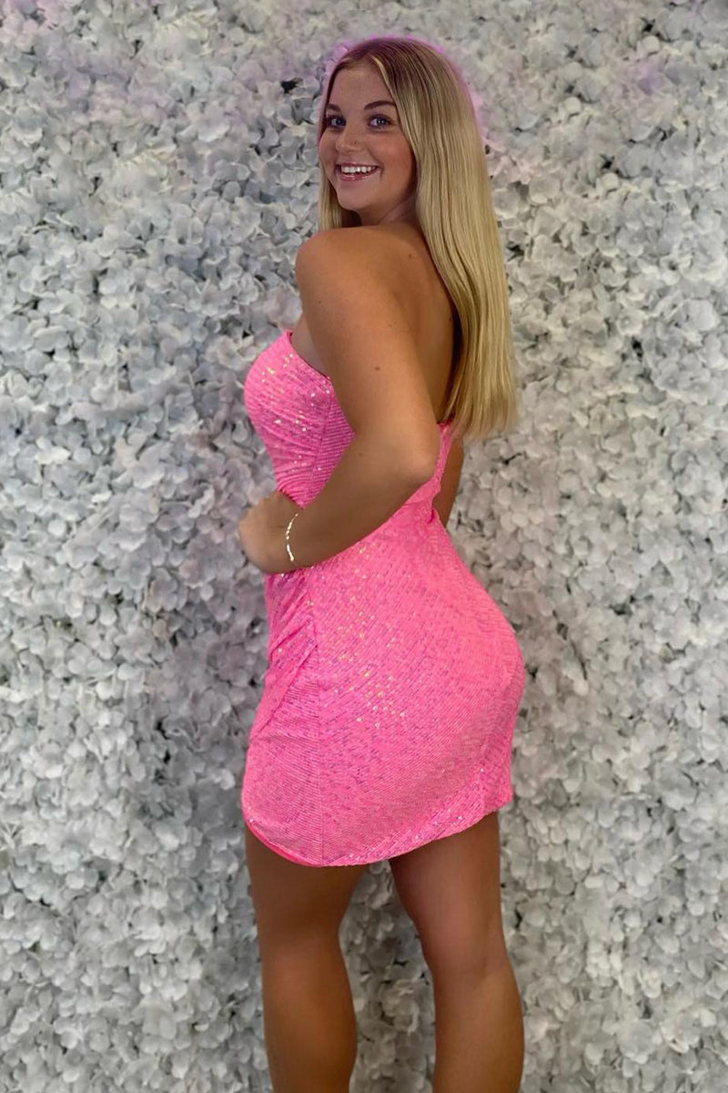 Load image into Gallery viewer, Sparkly Pink Strapless Bodycon Ruched Homecoming Dress with Sequins